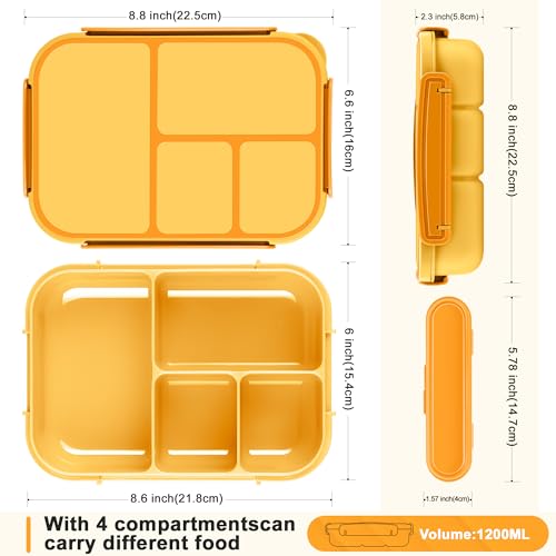 Amathley Lunch Box Kids,Bento Box Adult,Leakproof Lunch Containers for Adults/Kids/Toddler,1200ML-4 Compartments bento Lunch box with Utensil,Microwave & Dishwasher & Freezer Safe (Yellow) - Image 2