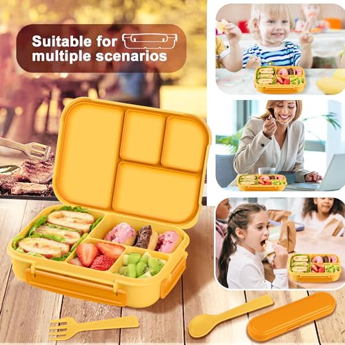 Amathley Lunch Box Kids,Bento Box Adult,Leakproof Lunch Containers for Adults/Kids/Toddler,1200ML-4 Compartments bento Lunch box with Utensil,Microwave & Dishwasher & Freezer Safe (Yellow) - Image 5