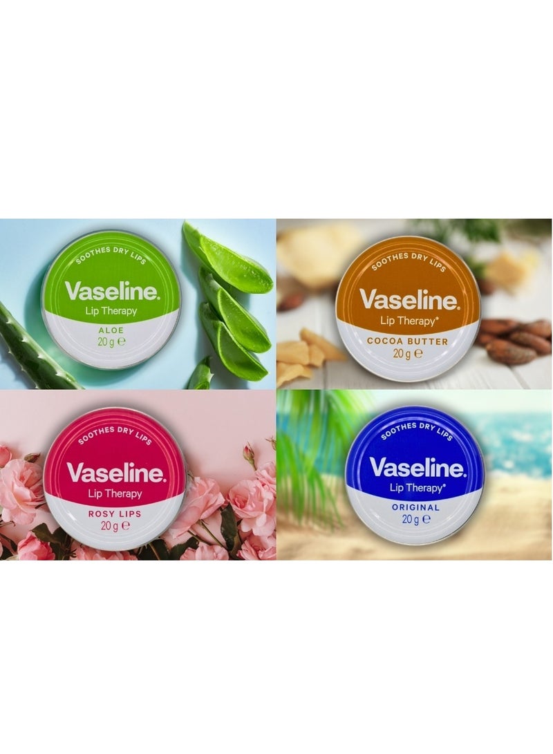 فازلين مجموعة مرطب الشفاه من فازلين 4 × 20 جرام (شفاه وردية، زبدة الكاكاو، الصبار، الأصلي) مع حقيبة أورجانزا برباط من جلامينو - Image 3