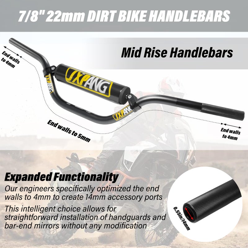 JXPANG 7/8" 22mm Dirt Bike Handlebars, High/Mid/Low Rise, CNC 6061-T6 Aluminum w/Foam Pad, Universal for Pit Dirt Bike ATV Quad Motocross Mini Bike CRF YZF KXF KLX (Black, Mid Rise Handlebar) - Image 4