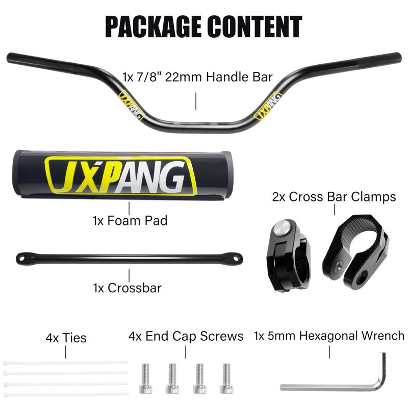 JXPANG 7/8" 22mm Dirt Bike Handlebars, High/Mid/Low Rise, CNC 6061-T6 Aluminum w/Foam Pad, Universal for Pit Dirt Bike ATV Quad Motocross Mini Bike CRF YZF KXF KLX (Black, Mid Rise Handlebar) - Image 5