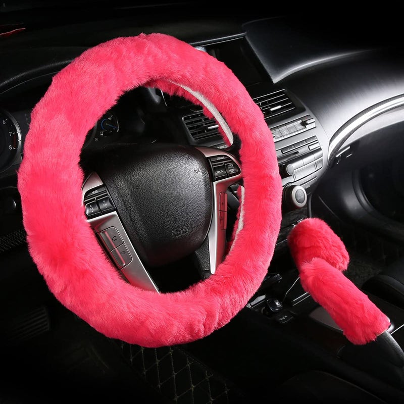 Car Steering Wheel Cover with Handbrake Cover Gear Shift Cover CXTIY Fashion Steering Wheel Wrap Faux Wool Fluffy Soft and Warm in Winter Diameter 1496 X 1496 3 Pcs 1 Set Fit Most of Car Pink
