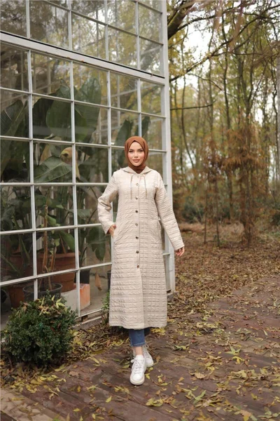 Bwest Hooded Snap Button Two Side Pocket Long Coat - 71235.026 - Beige