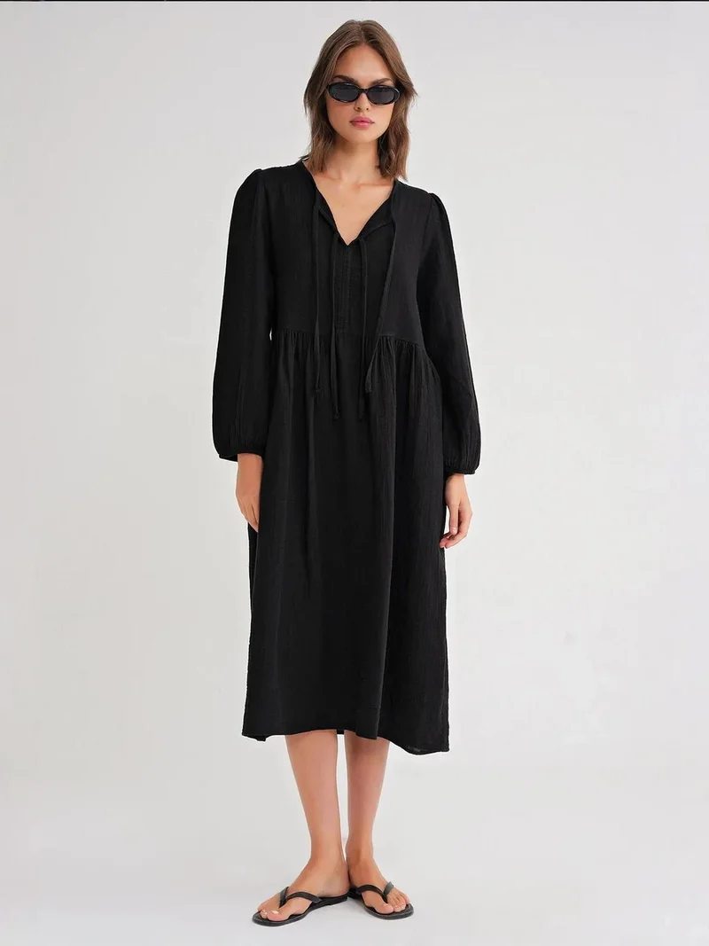 MixRay Black Mixray V-Neck Tie Closure Midi Dress for Women | Best Price UAE