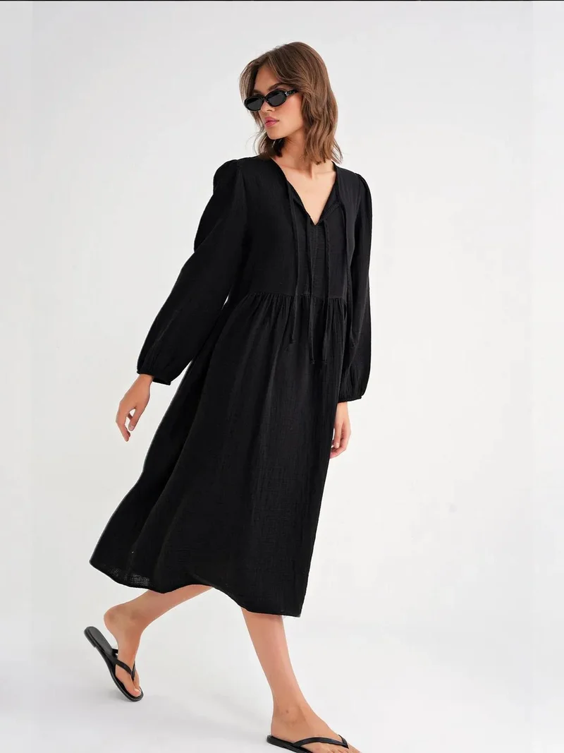 MixRay Black Mixray V-Neck Tie Closure Midi Dress for Women | Best Price UAE