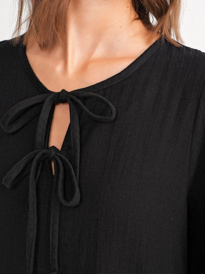 MixRay Black Mixray V-Neck Tie Closure Midi Dress for Women | Best Price UAE