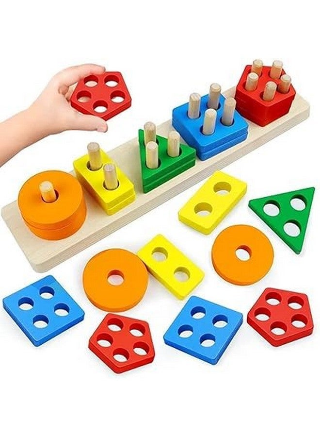 Parteet Educational Toys For 1 2 3 Year Old Boys Girls Toddlers, Wooden Sorting And Stacking Preschool Educational Toys, Color Recognition Stacker Shape Sorter Puzzles. - Image 1