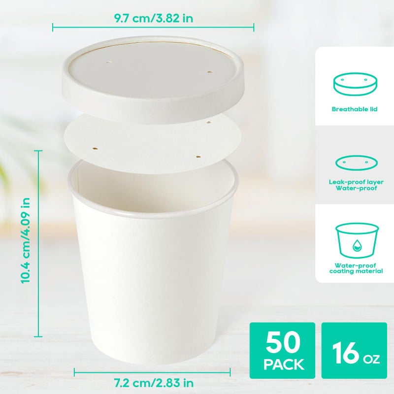 JOLLY PARTY 50pack 16oz Paper Soup Containers with Lids, Disposable Paper Food Cups, Ice Cream Cups, Food Storage with Lids, Microwavable and Freezer Safe, Suitable for Christmas Thanksgiving (White) - Image 2