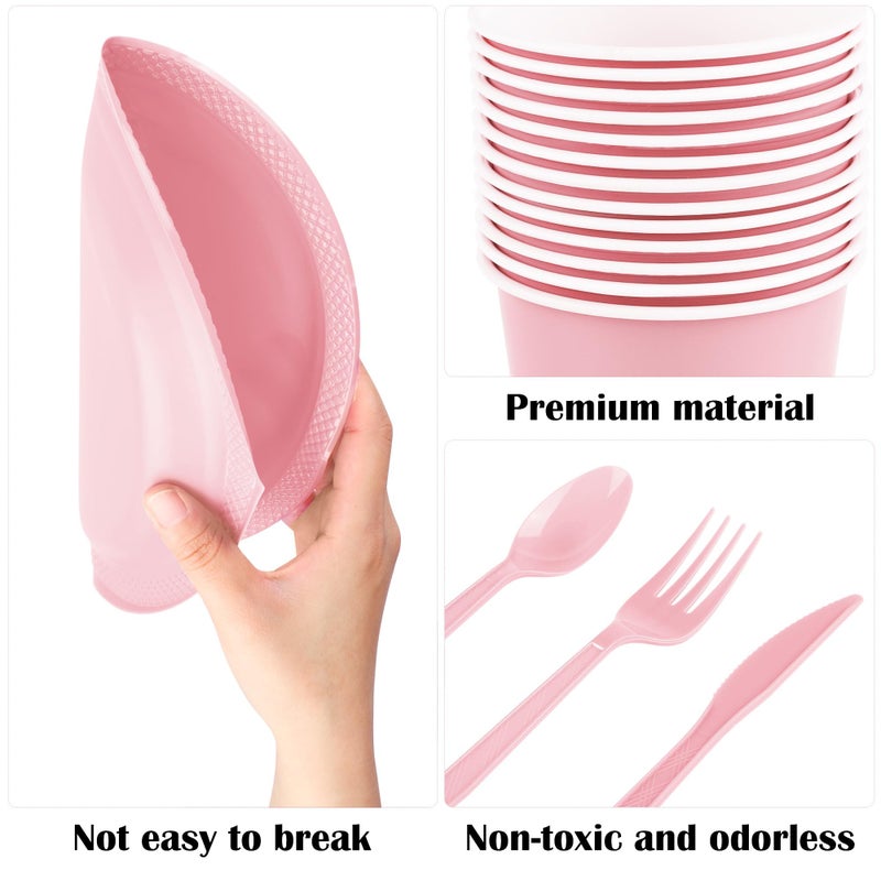 Aodaer 200 Pieces Pink Party Supplies Disposable Dinnerware Set Include Plastic Plates Cups Knives Forks Spoons Paper Napkins for Birthday Wedding Graduation Parties, Serve 25 Guests - Image 3