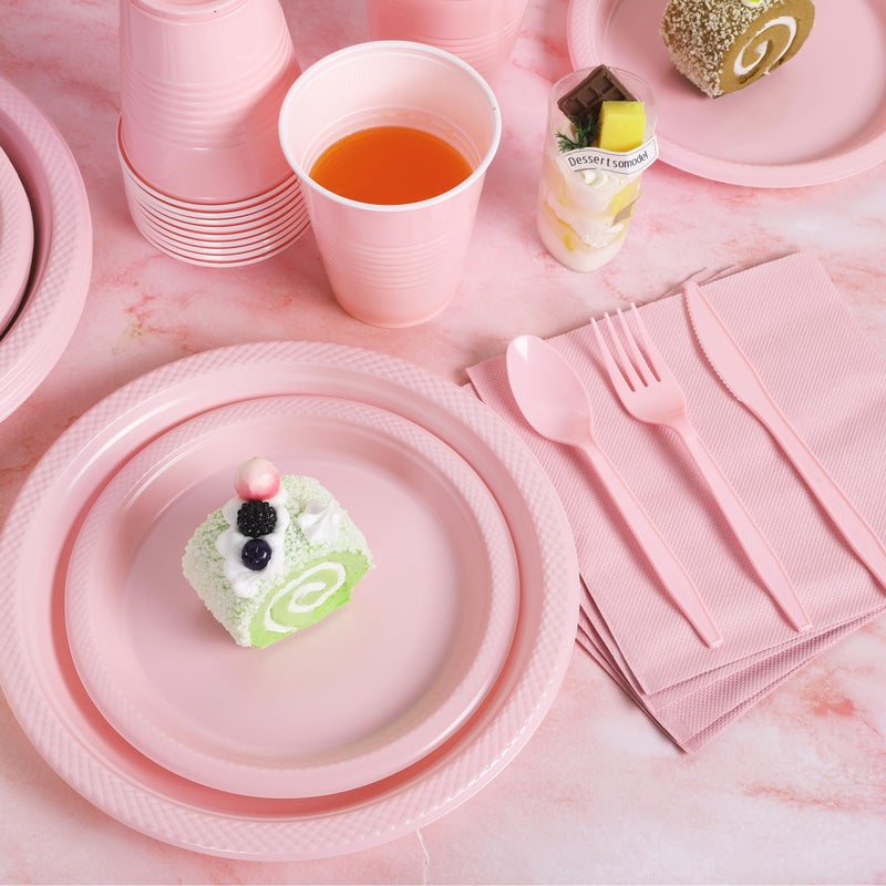 Aodaer 200 Pieces Pink Party Supplies Disposable Dinnerware Set Include Plastic Plates Cups Knives Forks Spoons Paper Napkins for Birthday Wedding Graduation Parties, Serve 25 Guests - Image 5
