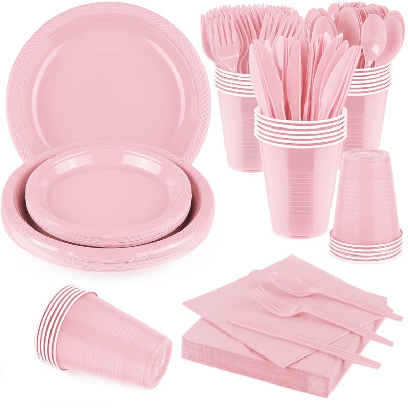 Aodaer 200 Pieces Pink Party Supplies Disposable Dinnerware Set Include Plastic Plates Cups Knives Forks Spoons Paper Napkins for Birthday Wedding Graduation Parties, Serve 25 Guests - Image 1
