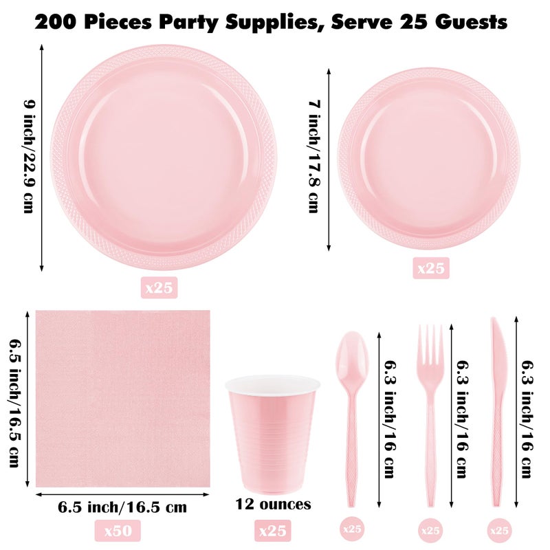 Aodaer 200 Pieces Pink Party Supplies Disposable Dinnerware Set Include Plastic Plates Cups Knives Forks Spoons Paper Napkins for Birthday Wedding Graduation Parties, Serve 25 Guests - Image 2