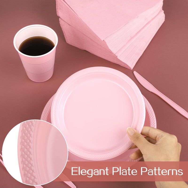 Aodaer 200 Pieces Pink Party Supplies Disposable Dinnerware Set Include Plastic Plates Cups Knives Forks Spoons Paper Napkins for Birthday Wedding Graduation Parties, Serve 25 Guests - Image 4