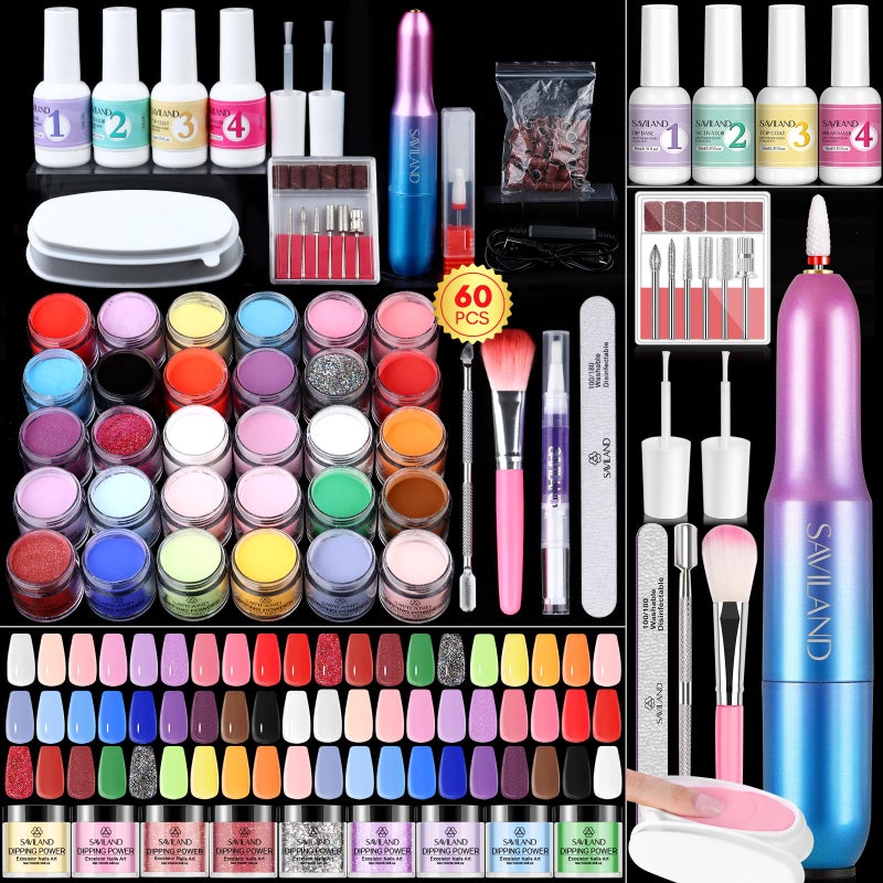 SAVILAND Dip Powder Nail Kit with Drill: Starter Kit 103 Pcs Keratin Dip Nails Powder Kit 30 Colors with Dipping Powder Liquid Set with Base Top Coat Activator for Beginners All Seasons Home DIY Salon - Image 1