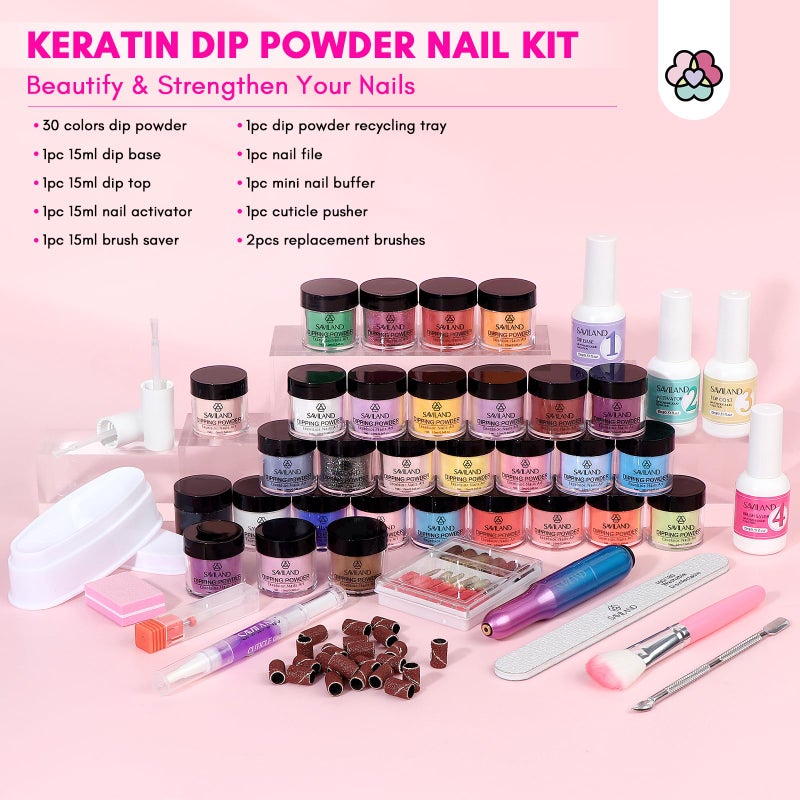 SAVILAND Dip Powder Nail Kit with Drill: Starter Kit 103 Pcs Keratin Dip Nails Powder Kit 30 Colors with Dipping Powder Liquid Set with Base Top Coat Activator for Beginners All Seasons Home DIY Salon - Image 4