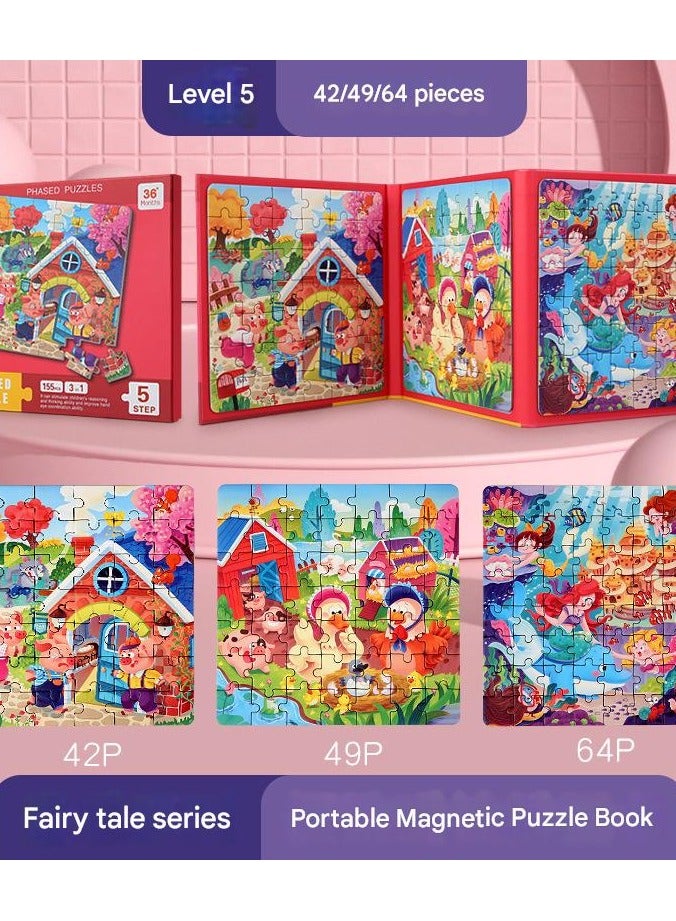 PEI  AN Jigsaw Puzzle  Magnetic Puzzle Book for Kids Ages 3-6 - 5-Level Progressive Educational Toy with 42/49/64 Fairy Tale Themed Pieces, Portable Travel Activity