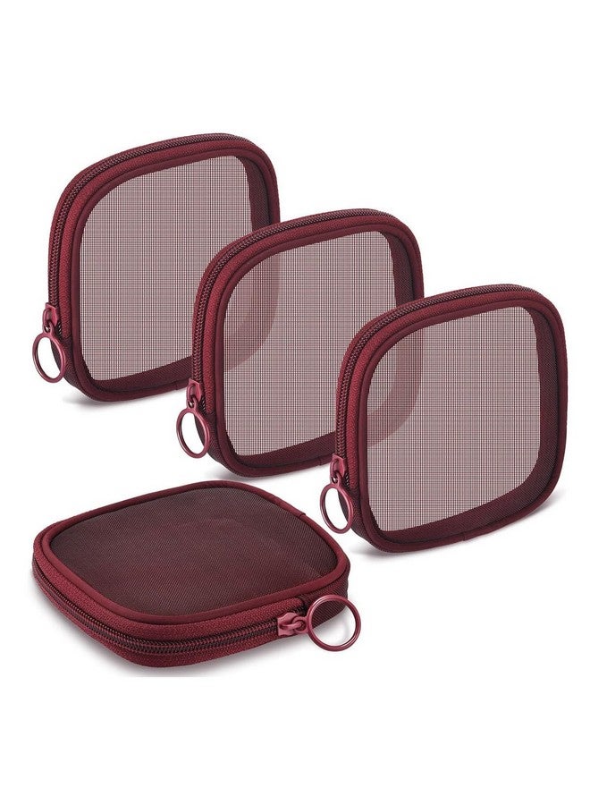 MAYCREATE® 4pcs Mesh Makeup Pouch Small Zipper Cosmetic Bags for Women 4.7'' Square Fashion Lipstick Pouches for Women, Nylon Mini Cash Toiletry Organizer Bag for Daily Accessories - Wine Red - Image 1