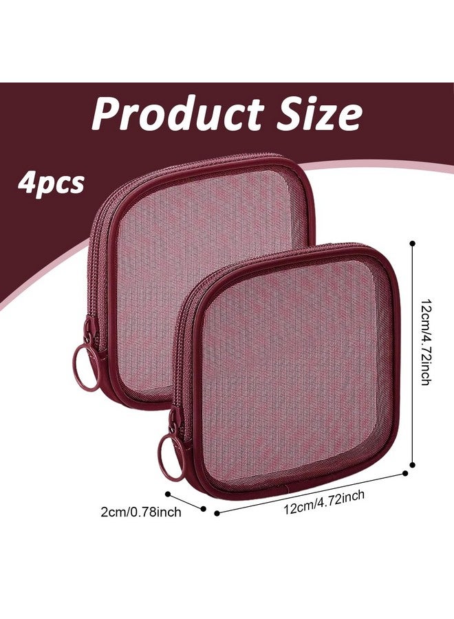 MAYCREATE® 4pcs Mesh Makeup Pouch Small Zipper Cosmetic Bags for Women 4.7'' Square Fashion Lipstick Pouches for Women, Nylon Mini Cash Toiletry Organizer Bag for Daily Accessories - Wine Red - Image 2