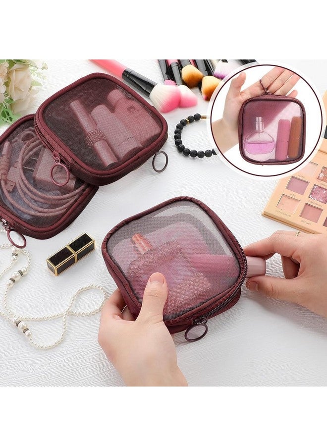 MAYCREATE® 4pcs Mesh Makeup Pouch Small Zipper Cosmetic Bags for Women 4.7'' Square Fashion Lipstick Pouches for Women, Nylon Mini Cash Toiletry Organizer Bag for Daily Accessories - Wine Red - Image 4