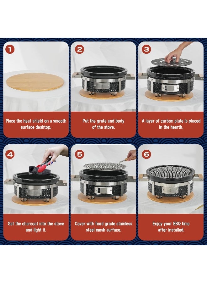 Auplex Japanese Style Mini Portable Round Charcoal Barbecue Grill Black and Silver 34.29 x 16.99 x 45.47 cm AU-08N - Image 4