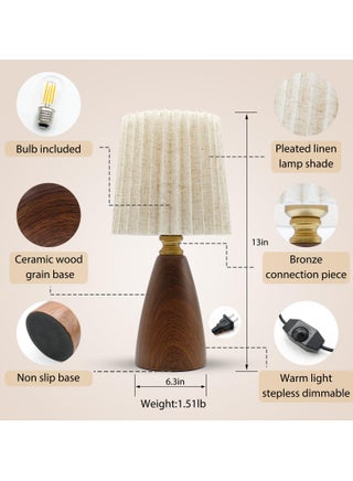 Small Pleated Table Lamp for Bedroom, Bedside Lamp for Nightstand, Dimmable Desk Lamp Ceramic Wood Grain Base Round Flaxen Fabric Shade for Living Room, Kids Room,LED Bulb Included - view 3