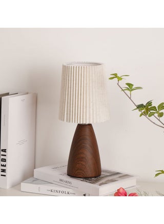 Small Pleated Table Lamp for Bedroom, Bedside Lamp for Nightstand, Dimmable Desk Lamp Ceramic Wood Grain Base Round Flaxen Fabric Shade for Living Room, Kids Room,LED Bulb Included - view 2