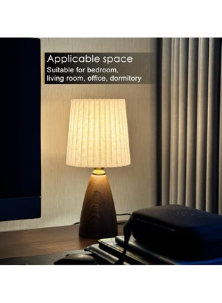 Small Pleated Table Lamp for Bedroom, Bedside Lamp for Nightstand, Dimmable Desk Lamp Ceramic Wood Grain Base Round Flaxen Fabric Shade for Living Room, Kids Room,LED Bulb Included - view 5