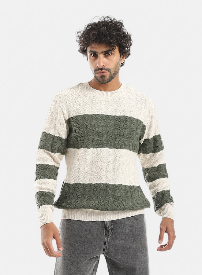 Andora Knitted Strapped Creamy & Olive Pullover_Creamy & Olive - Image 1