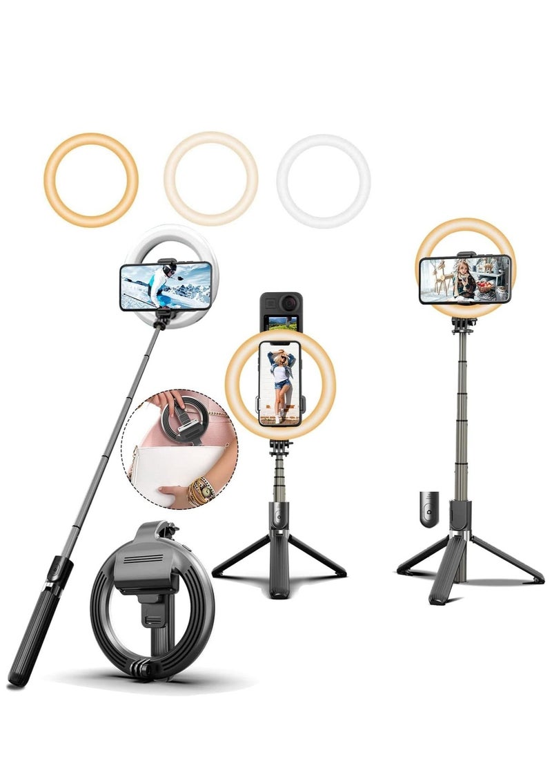 Raxoom Selfie Stick with 6" Ring Light,Tripod and Phone Holder,3 in 1 Portable LED Fill Light Selfie Stick Tripod Bluetooth Remote Control,Dimmable 3 Colors  - Image 1
