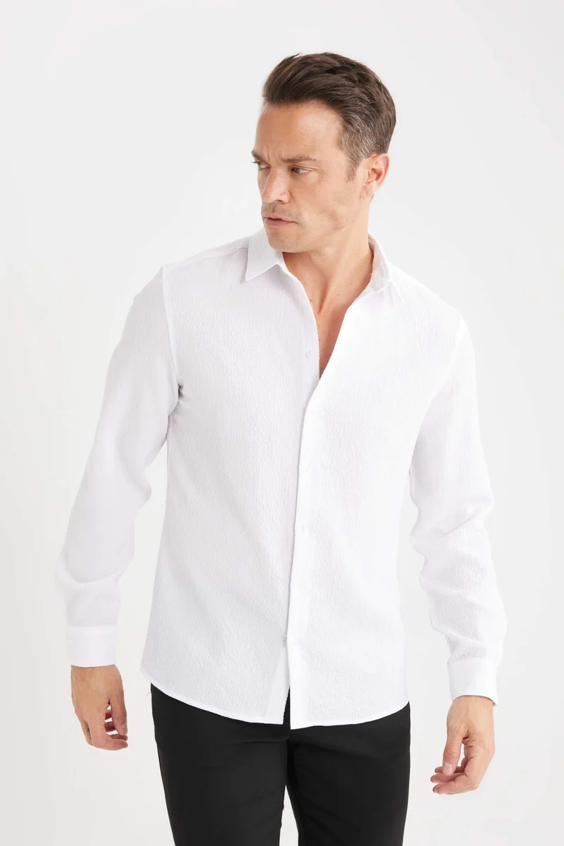 ديفاكتو Modern Fit Polo Collar Woven Long Sleeve Shirt