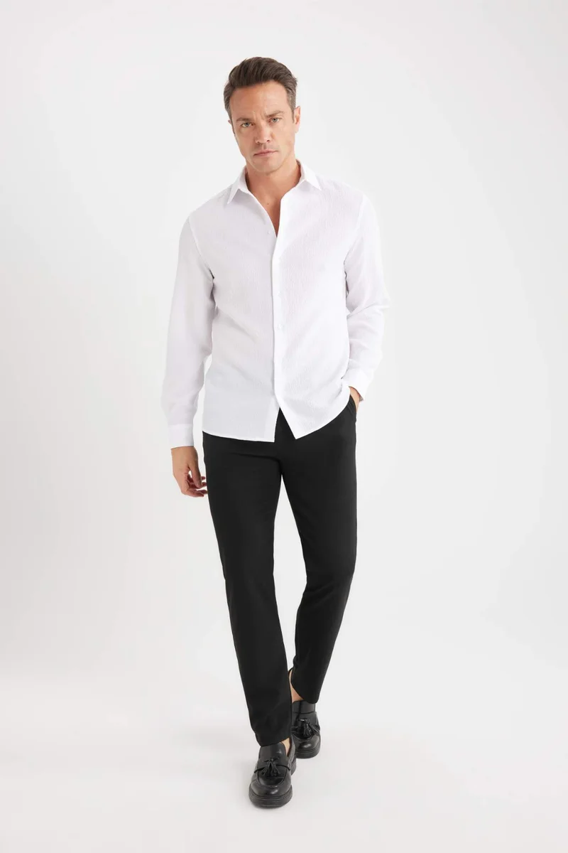 ديفاكتو Modern Fit Polo Collar Woven Long Sleeve Shirt