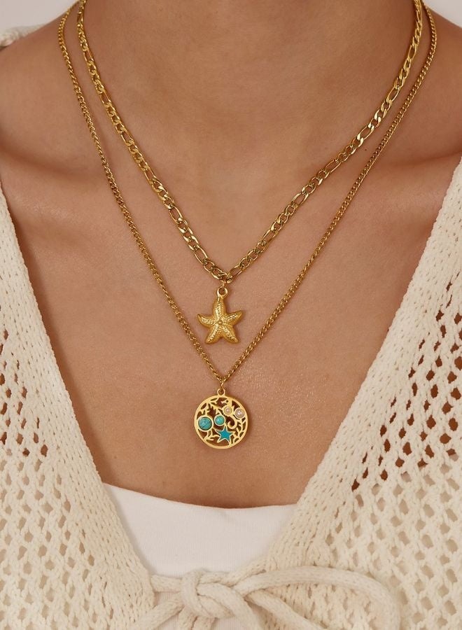 Andaazs Andaazs Women's Eclipse 18K Gold Plated Layered Dual Chain Necklace with Star & Coin Pendant  - Image 2