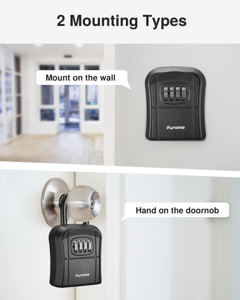 Puroma Key Lock Box, Portable Combination Lockbox Wall-Mounted Key Storage Box for House Keys, Resettable Code Safe Security Lock Box for Home, Office, Apartment Spare Key Storage (1 Pack, Pure Black) - Image 2