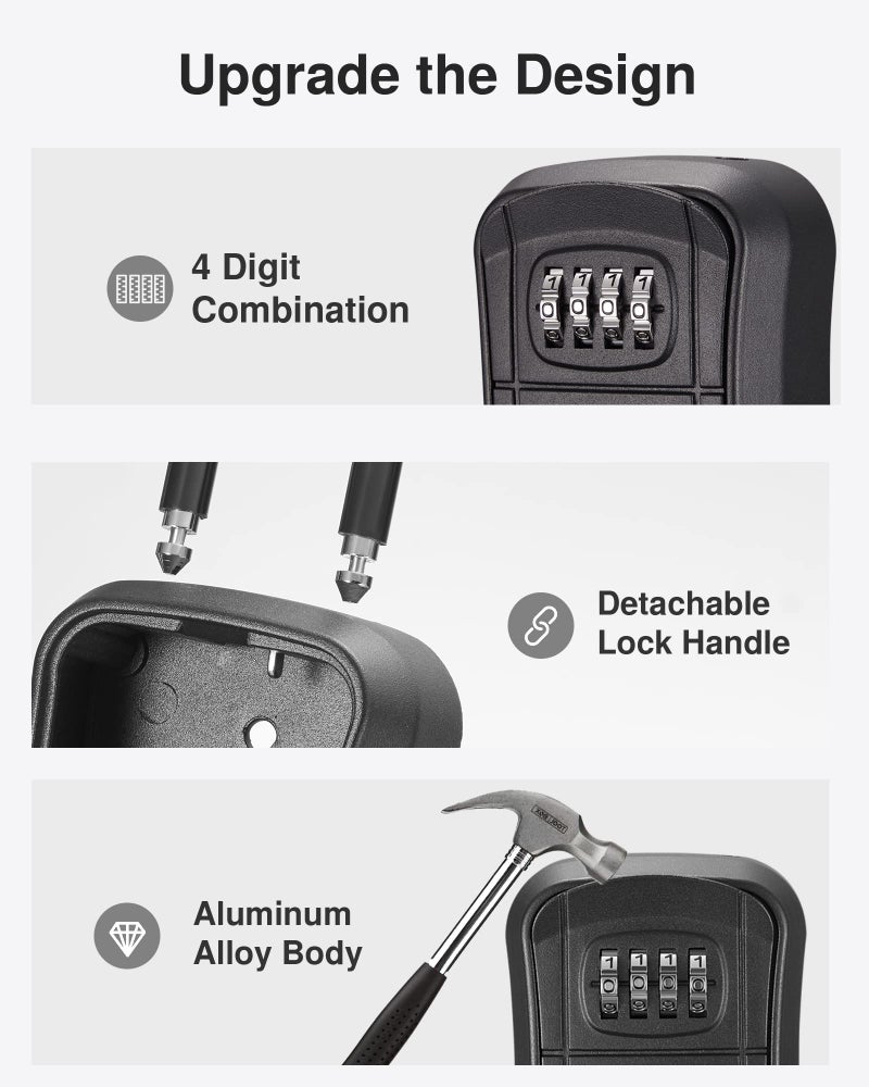 Puroma Key Lock Box, Portable Combination Lockbox Wall-Mounted Key Storage Box for House Keys, Resettable Code Safe Security Lock Box for Home, Office, Apartment Spare Key Storage (1 Pack, Pure Black) - Image 4