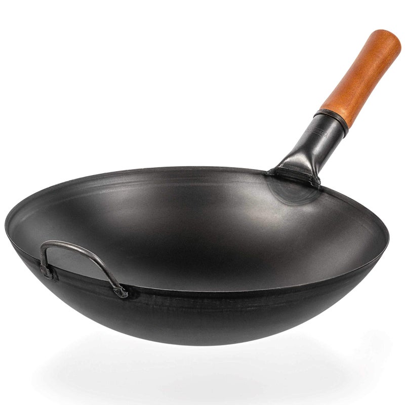 YOSUKATA Carbon Steel Woks and Stir Fry Pans 14 in with Round Bottom  Traditional Chinese Japanese Pow Wok  Black Steel Pan