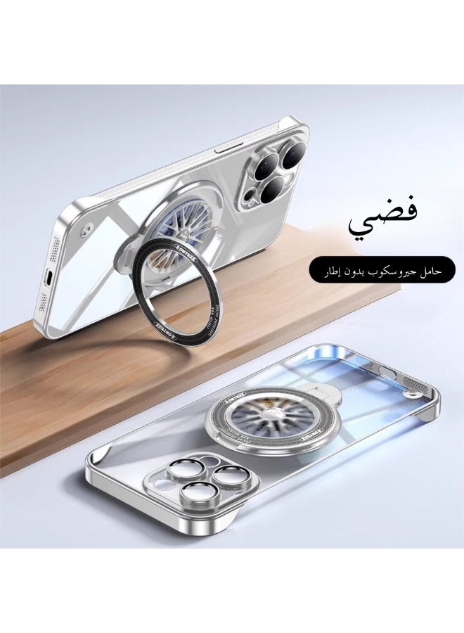 Suitable for iPhone 16 Pro Max phone case, TPU transparent material, 360 ° gyro rotating decompression bracket, anti slip, sweat proof, anti fingerprint, anti-collision protection, silver plated border - Image 1