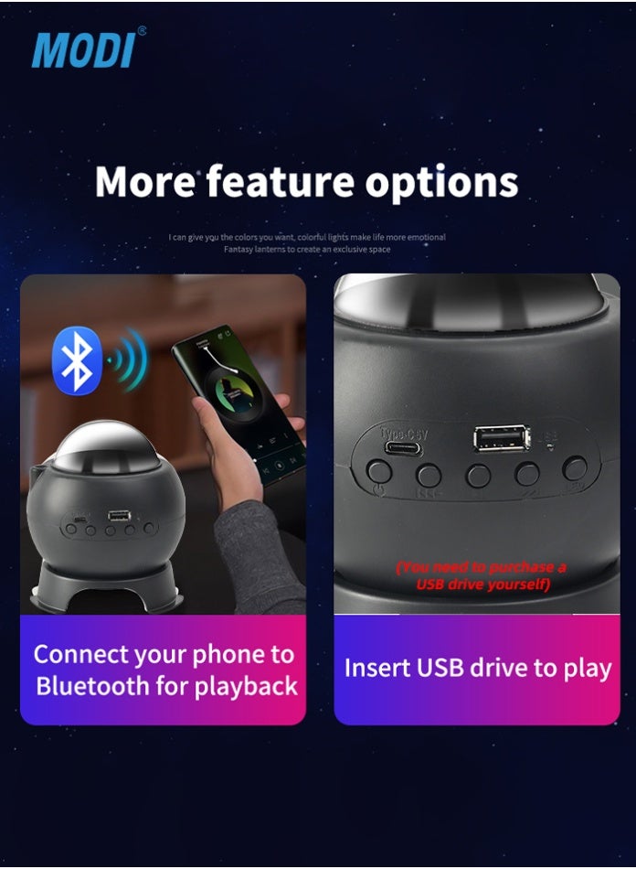 MODI Rechargeable Bluetooth Speaker Star Projector RGBW Night Light, 5V Portable LED Aurora Lamp with USB Music Player for Bedroom, Living Room, and Home Ambiance – Black - Image 5