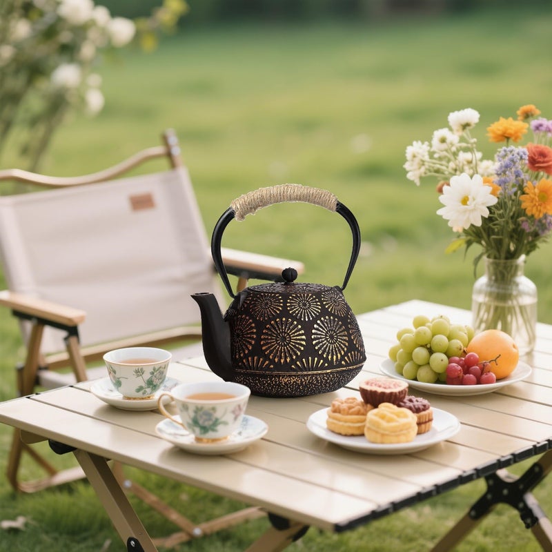 TiwisiTe Japanese Tetsubin Cast Iron Teapot, 40oz (1200ml) Enamel-Coated Stovetop Kettle with Stainless Steel Infuser & Heat-Resistant Handle, Traditional Iron Pot for Tea Ceremony (Black Gold) - Image 3