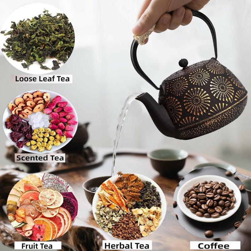 TiwisiTe Japanese Tetsubin Cast Iron Teapot, 40oz (1200ml) Enamel-Coated Stovetop Kettle with Stainless Steel Infuser & Heat-Resistant Handle, Traditional Iron Pot for Tea Ceremony (Black Gold) - Image 5