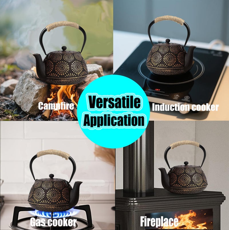 TiwisiTe Japanese Tetsubin Cast Iron Teapot, 40oz (1200ml) Enamel-Coated Stovetop Kettle with Stainless Steel Infuser & Heat-Resistant Handle, Traditional Iron Pot for Tea Ceremony (Black Gold) - Image 4