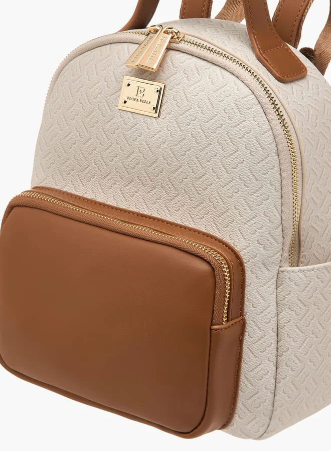 Flora Bella By Shoexpress Women Monogram Print Backpack with Adjustable Straps and Zip Closure - 23x12x26 cm