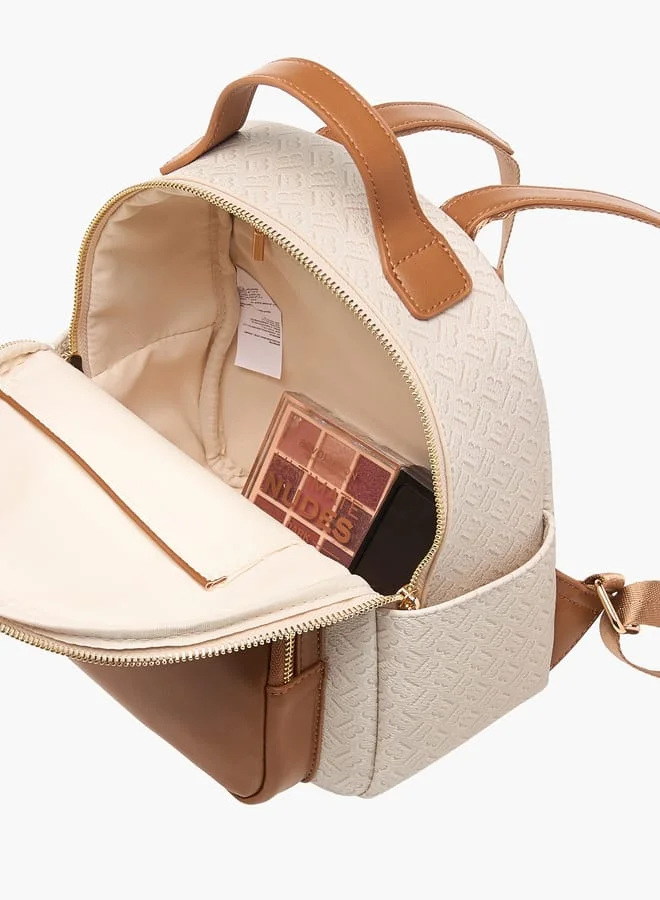 Flora Bella By Shoexpress Women Monogram Print Backpack with Adjustable Straps and Zip Closure - 23x12x26 cm