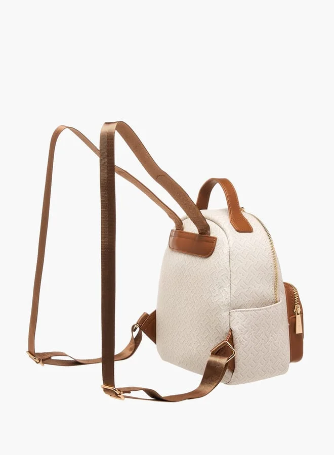 Flora Bella By Shoexpress Women Monogram Print Backpack with Adjustable Straps and Zip Closure - 23x12x26 cm