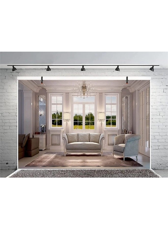 CSFOTO 7x5ft 3D Living Room Backdrop Sofa Carpet Crystal Chandelier Window Office Backdrop for Zoom Meeting Video Conferencing Backdrops for Video Recording Video Backdrops Background Home Office - Image 2