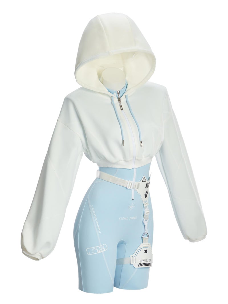 Cosplay.fm Women Cyber Suit Long Sleeve Workout Jumpsuit with Crop Hooded Sweatshirt and Belt Harness (Blue, M) - Image 2