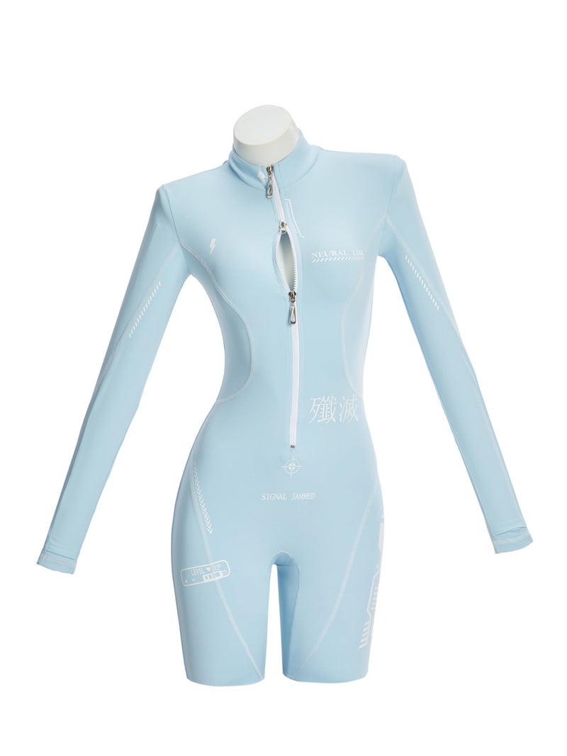Cosplay.fm Women Cyber Suit Long Sleeve Workout Jumpsuit with Crop Hooded Sweatshirt and Belt Harness (Blue, M) - Image 5
