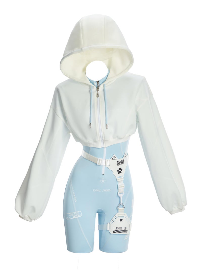 Cosplay.fm Women Cyber Suit Long Sleeve Workout Jumpsuit with Crop Hooded Sweatshirt and Belt Harness (Blue, M) - Image 1