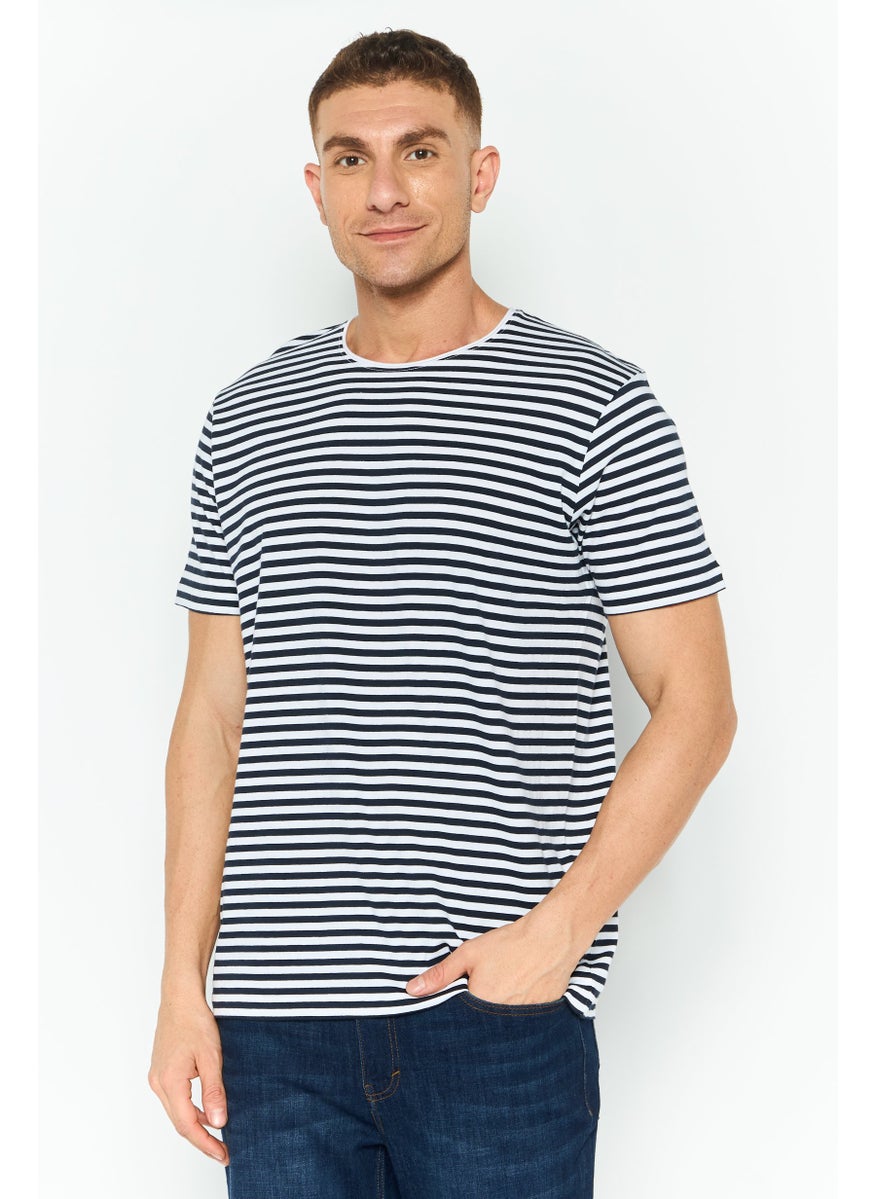 ESPRIT Men Round Neck Stripe Short Sleeves T-shirt, Navy  - Image 1