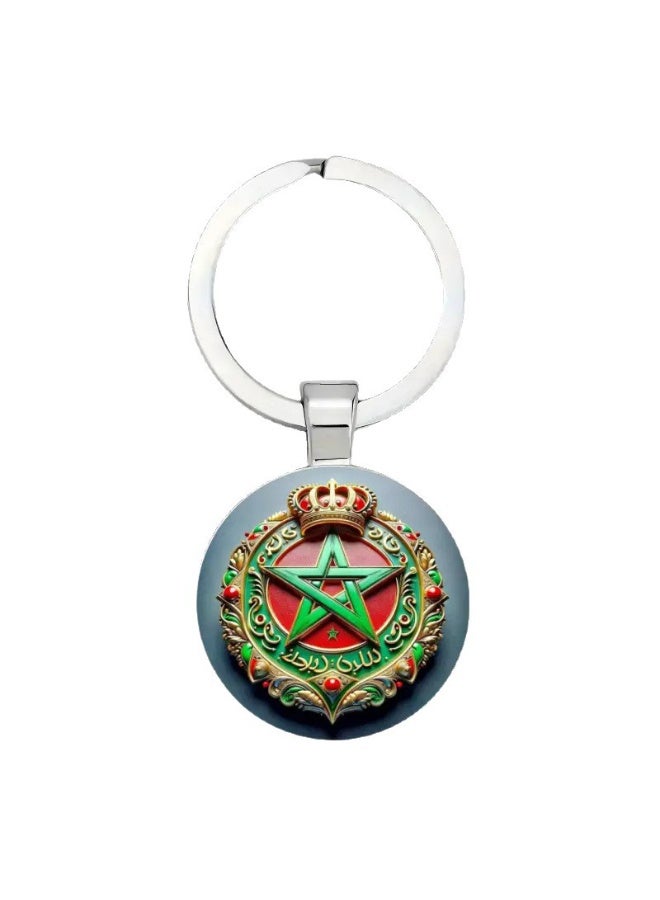 Moroccan Football Enthusiast Pattern Alloy Keychain with Green Star & Crown Design - Image 1