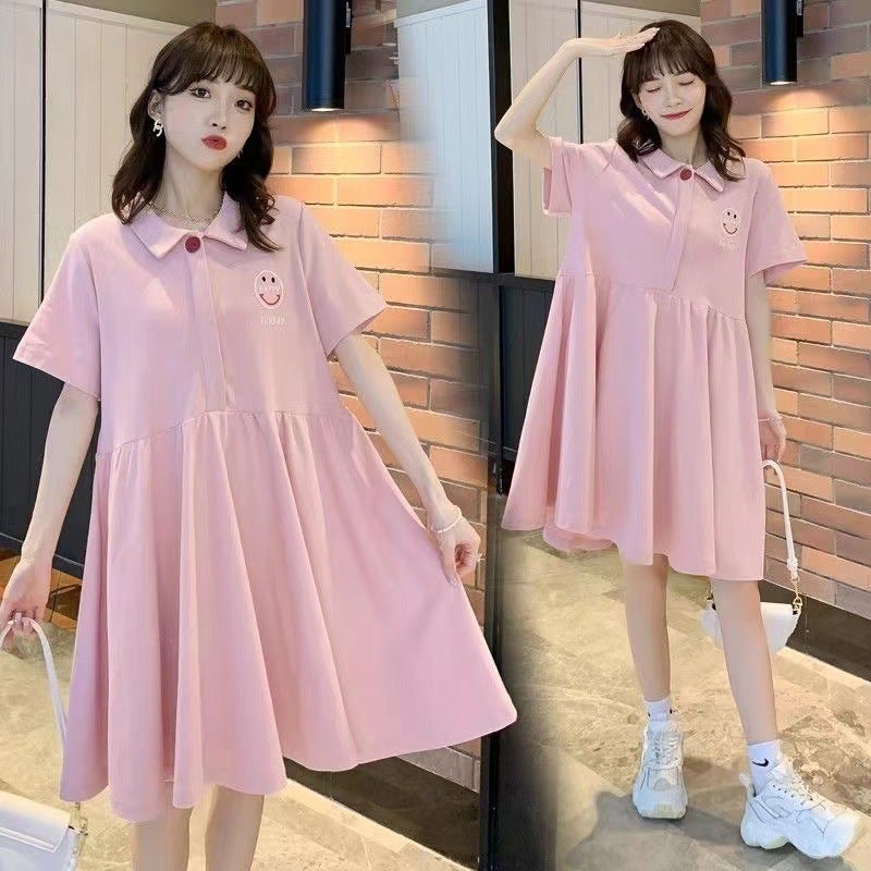 Pregnant Women Summer Short-sleeved Skirt Pregnant Full Stage Loose Belly Covering Trendy Mom POLO Collar Smiley Midi dress T#2425 Blue - Image 2